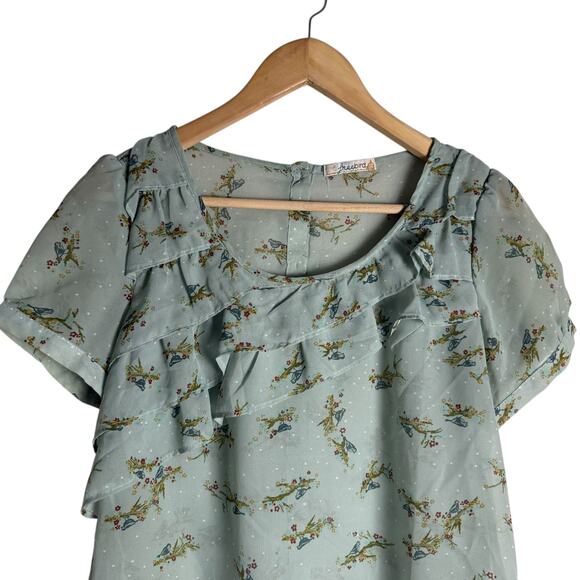 Freebird Light Blue Sheer Floral Bird Ruffled Short Sleeve Blouse Size S - Picture 2 of 8